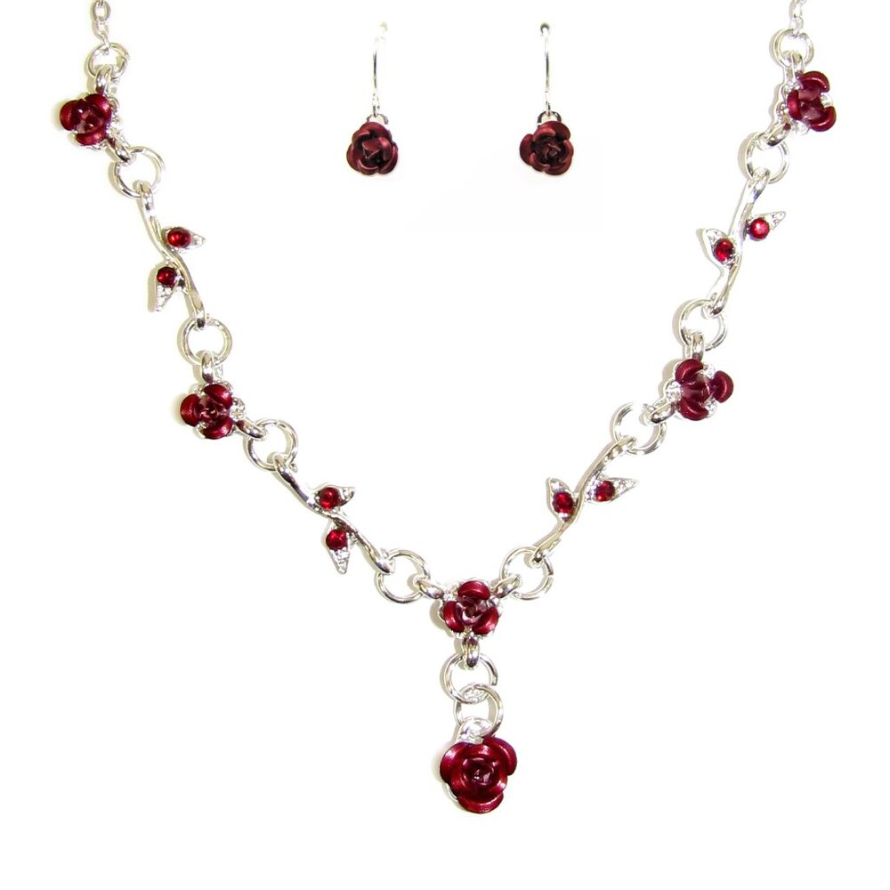 Red rose necklace and  earring set with red crystals on the leaves